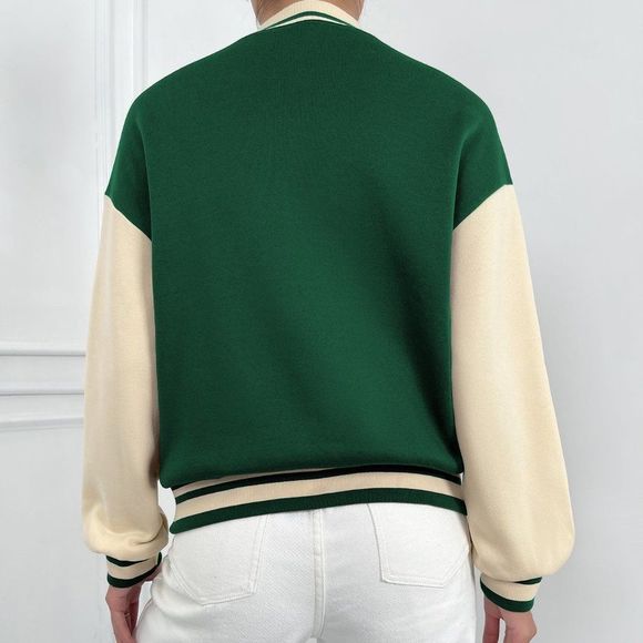 New Letter Patched Striped Trim Drop Shoulder Varsity Jacket Green 226 - Picture 5 of 7